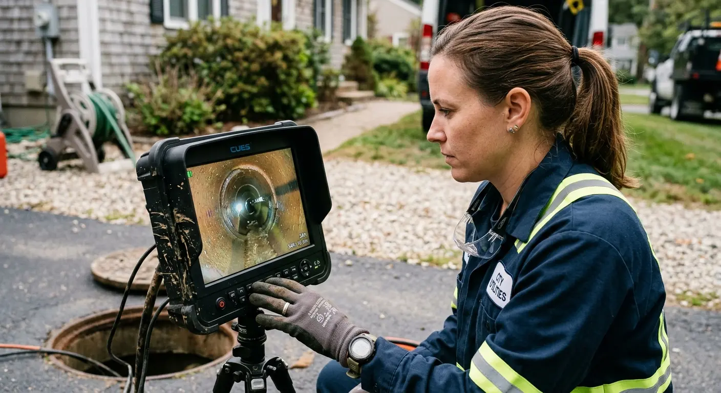 Technician reviewing sewer camera inspection footage in Delphos