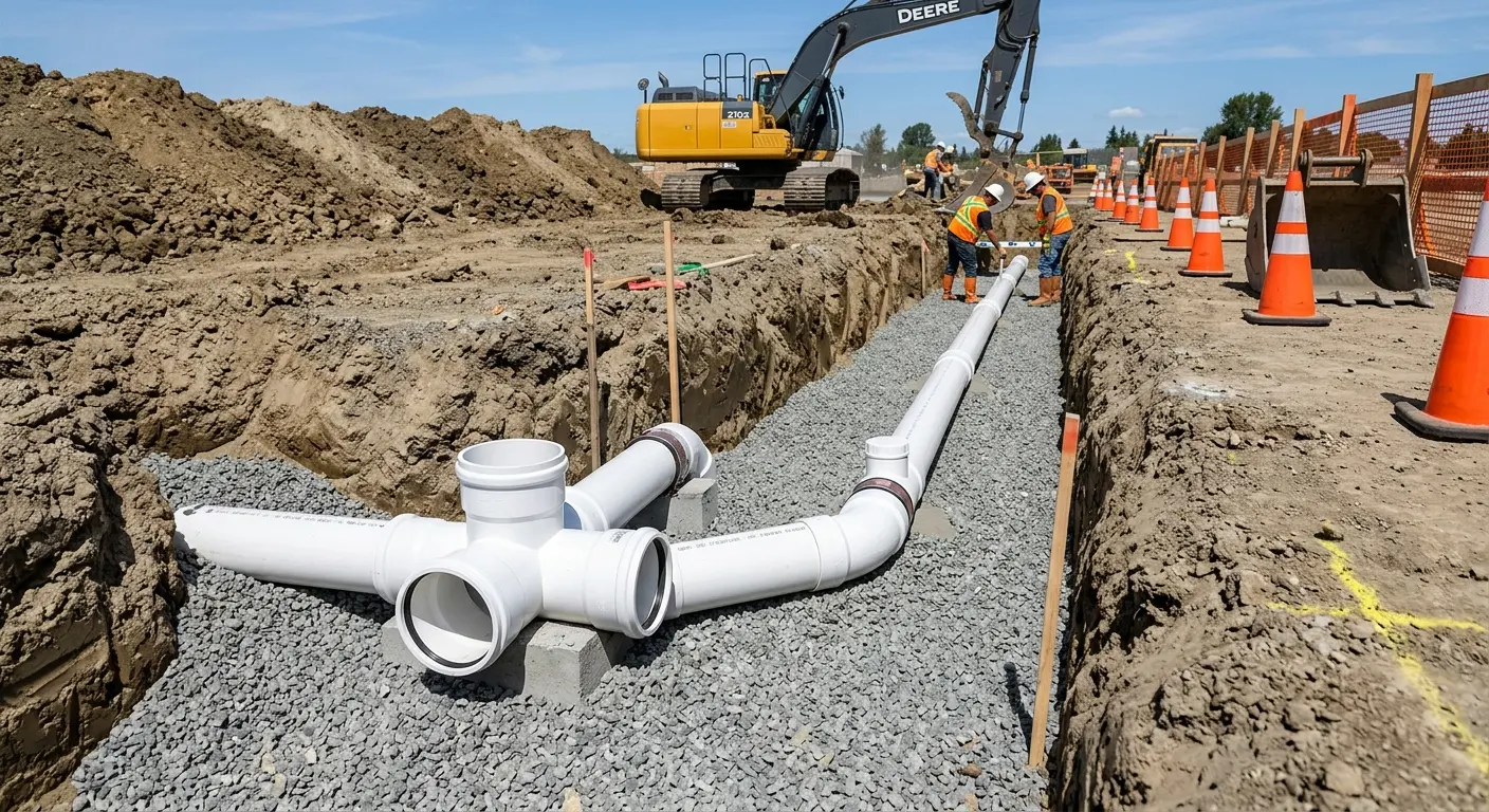 New PVC sewer pipe installation in open trench for Sewer Backup in Delphos