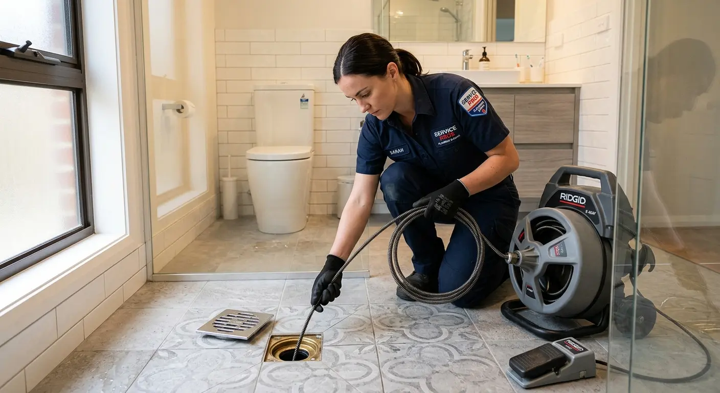 Technician clearing a bathroom floor drain for Sewer Line Installation in Delphos